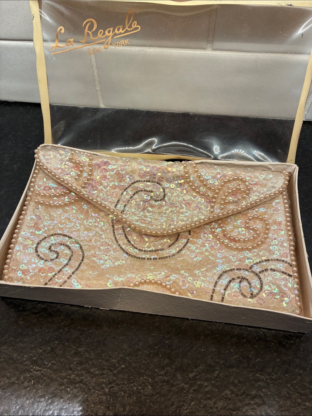 La Regal Iridescent Sequin Pearl Evening Clutch in original box